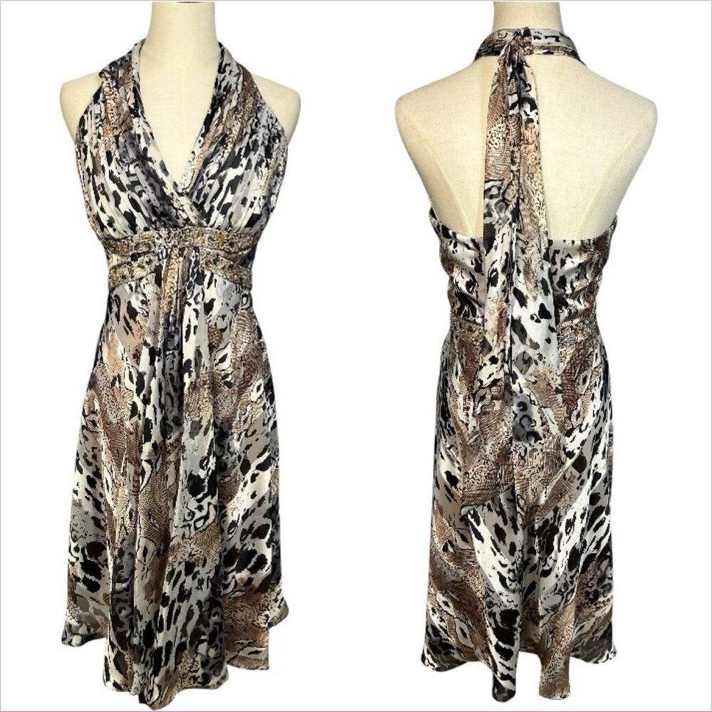VTG Y2K Ignite Evenings Carol Lin Animal Print Cheetah Beaded Halter Dress Sz 16